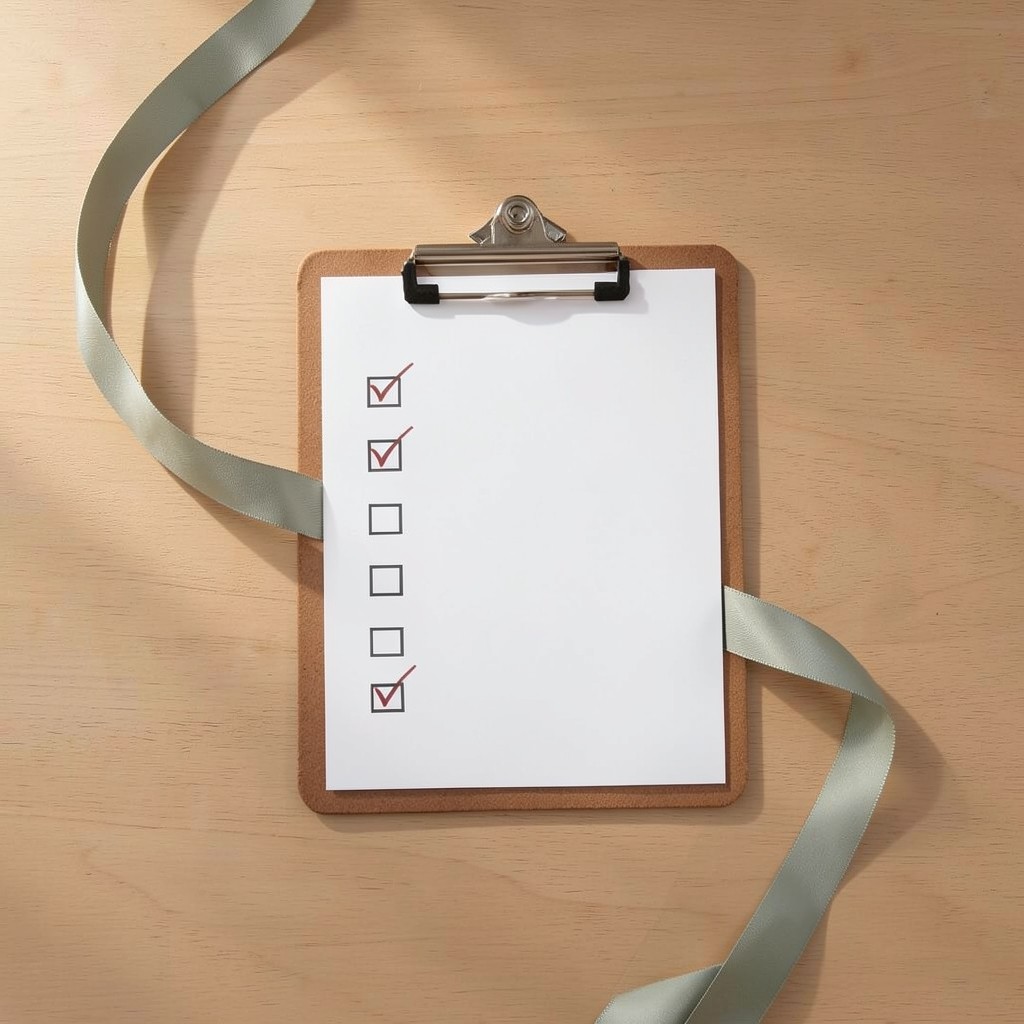 Checklist clipboard with several security findings marked resolved on a wooden desk
