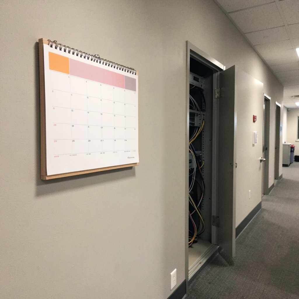 Wall calendar with a marked maintenance window beside a small office network closet