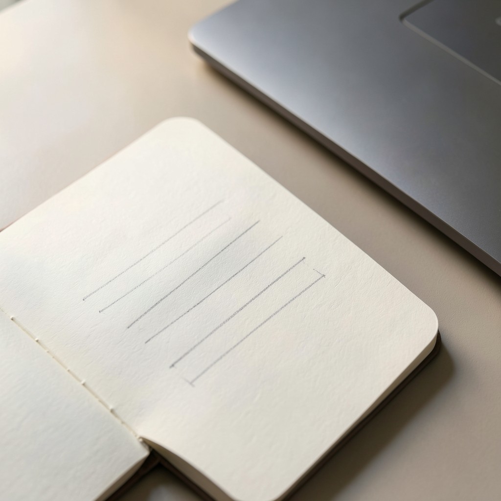Notebook page with a handwritten four-level severity list next to a laptop