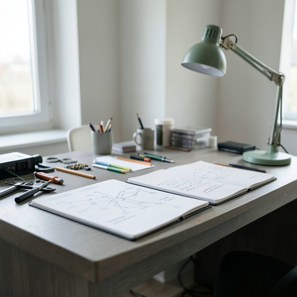 Quiet office workbench with network diagrams and assessment notes prepared for a vulnerability scan