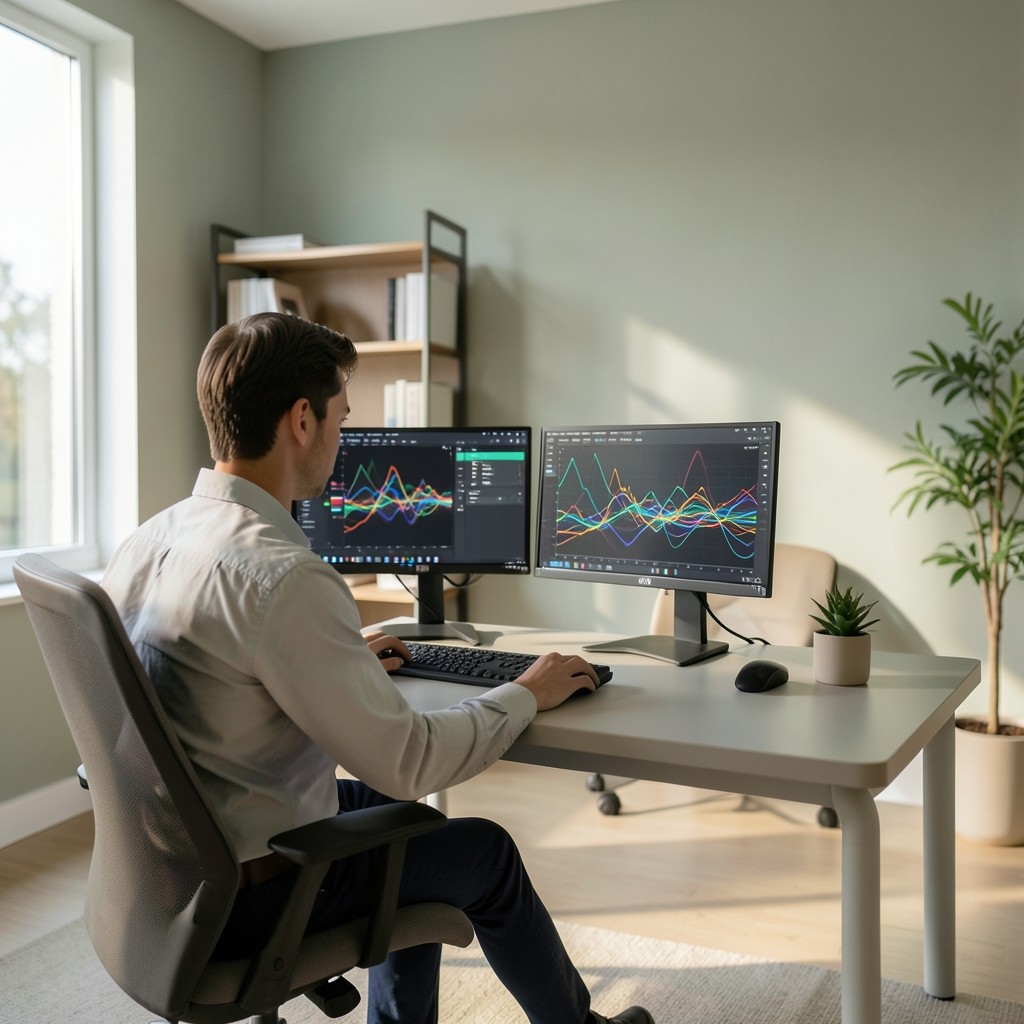 Security analyst reviewing external network scan results on dual monitors in a quiet office
