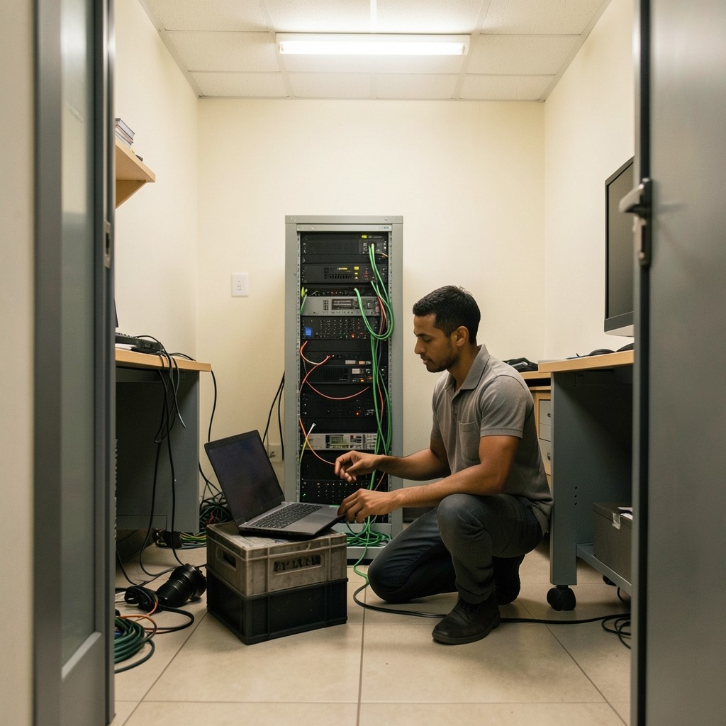 Technician connecting assessment laptop to a small business network rack in a server cupboard