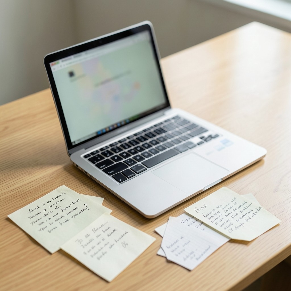 Close view of a notebook showing a web application under review beside handwritten scope notes